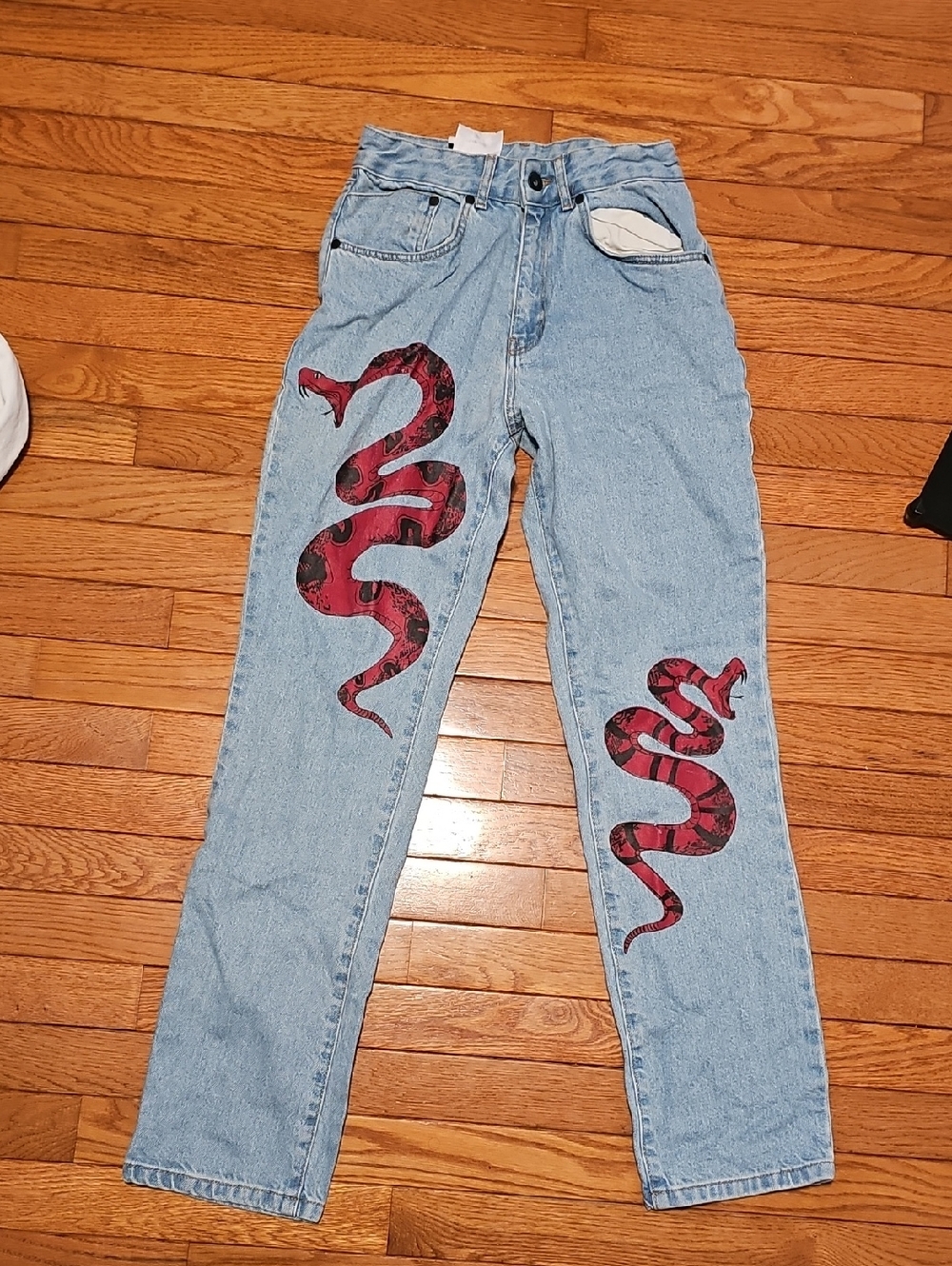 Light Blue Women's High-Waist Jeans with Red Snake Print